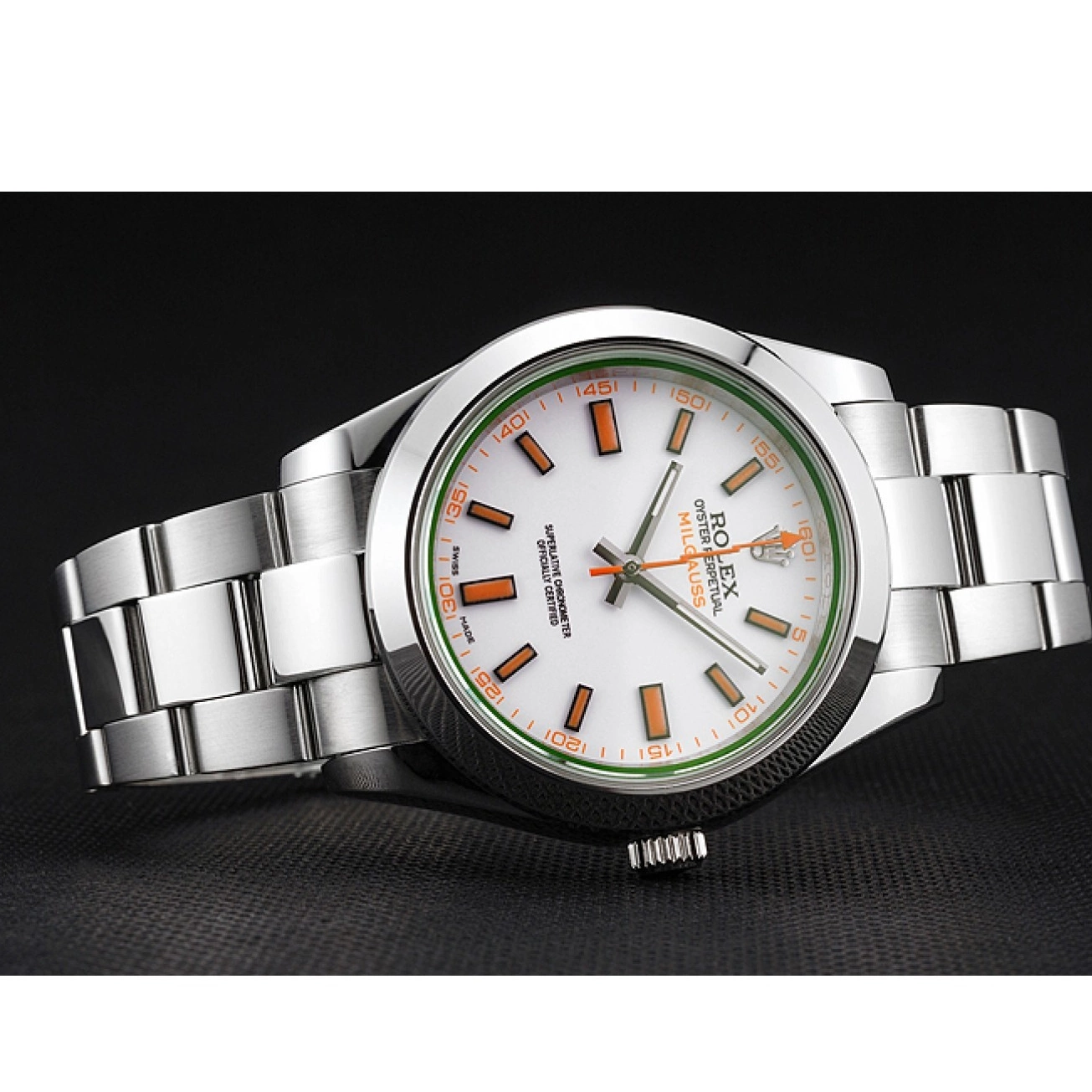Aaa replica watch Milgauss Steel Markings Swiss Stainless Bracelet Case White Orange Dial And Rolex 0715